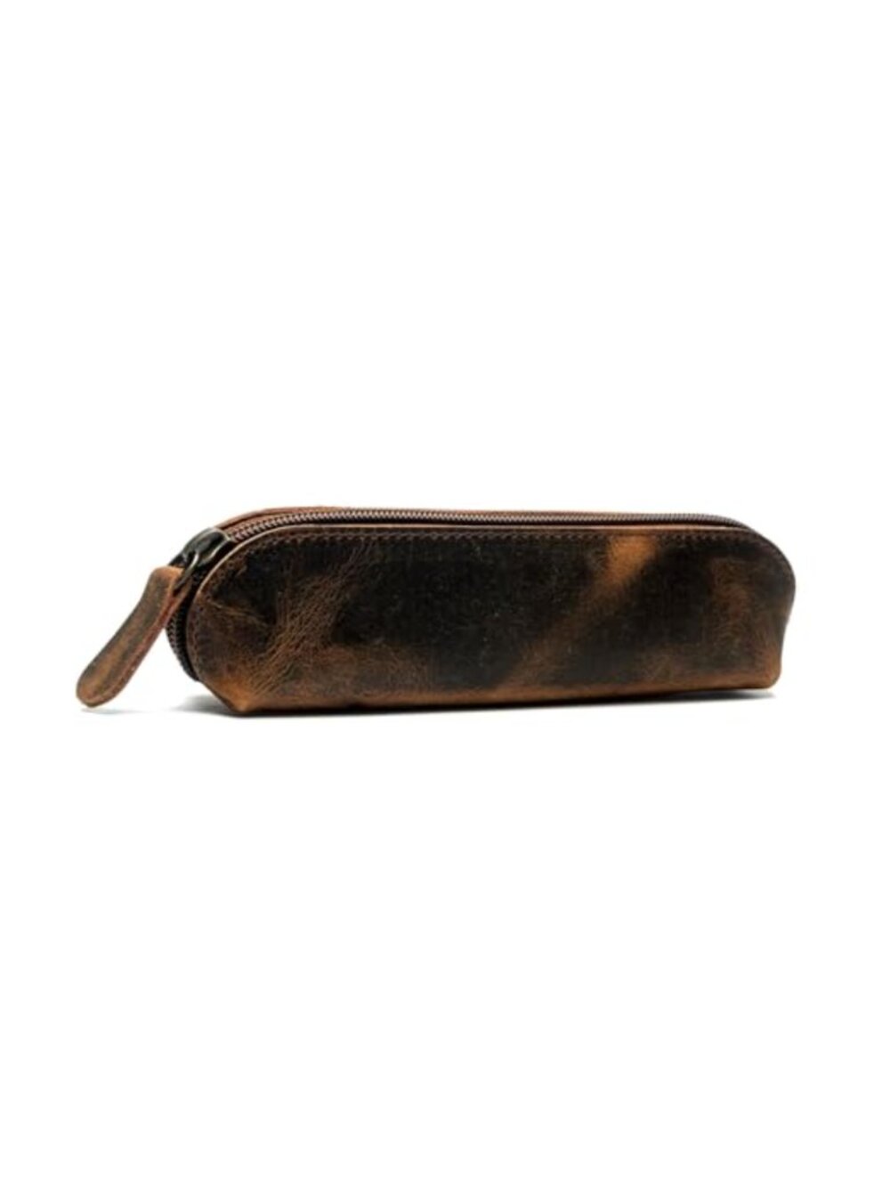Vintage Full-Grain Leather Round Pencil Pouch YKK Zipper Makeup Travel Case